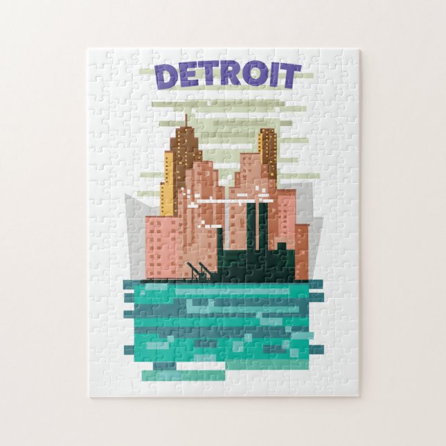 Puzzle Affiche de voyage en skyline de Detroit City. (Vertical)