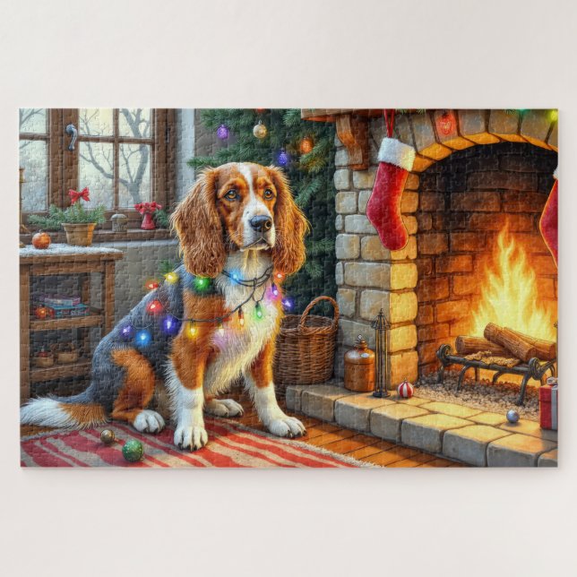 Puzzle Afghan Hound Fireplace with Christmas Lights (Horizontal)