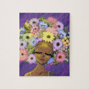 Puzzle Africaine Américaine femme avec Fleurs Lumineuses 