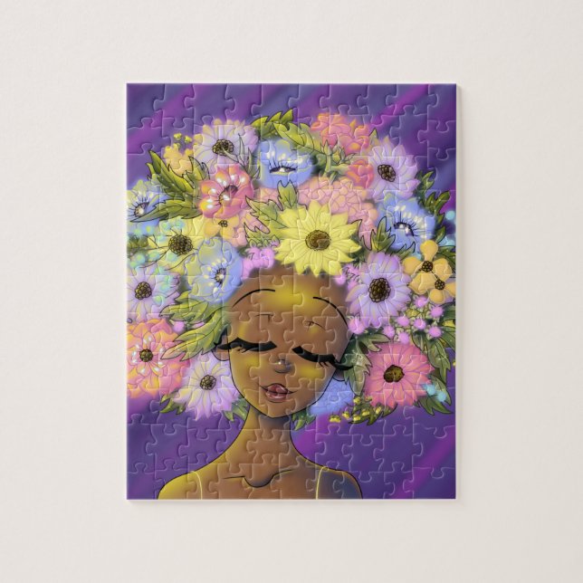 Puzzle Africaine Américaine femme avec Fleurs Lumineuses  (Vertical)
