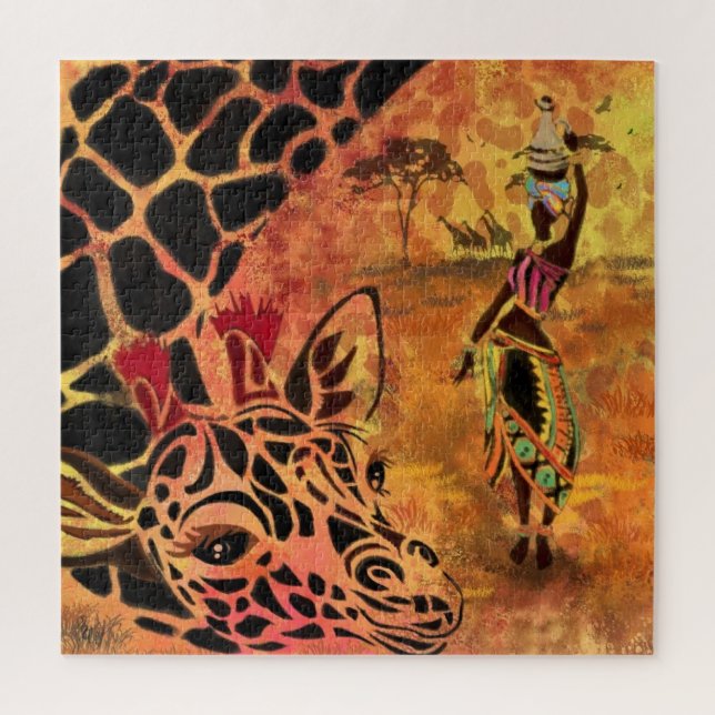 Puzzle African Girl and Giraffe - Friends - Art Drawing - (Vertical)