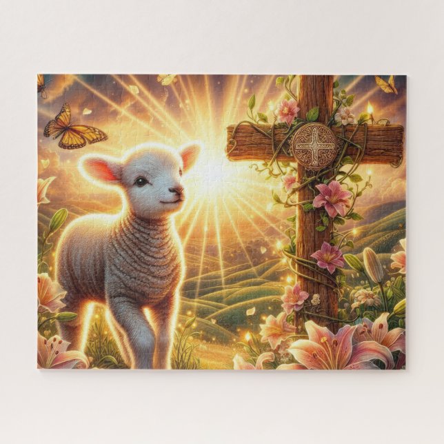 Puzzle Agneau de Pâques chrétien avec croix (Horizontal)