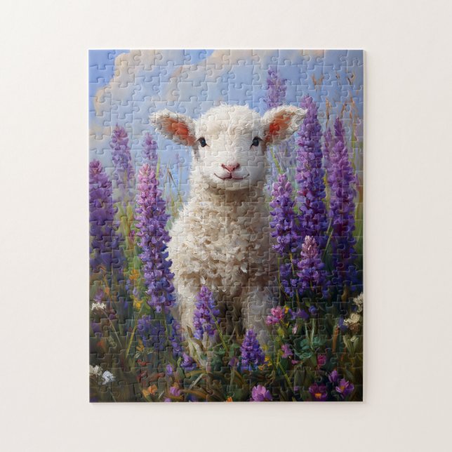 Puzzle Agneau mou Lupine violette Fleurs (Vertical)