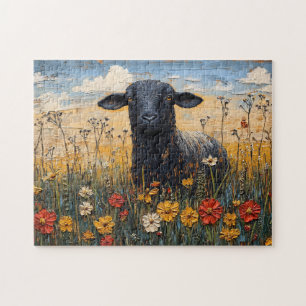 Puzzle Agneau noir rustique avec art Fleur sauvage