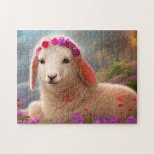 Puzzle Agneau pâque mignon avec fleurs -