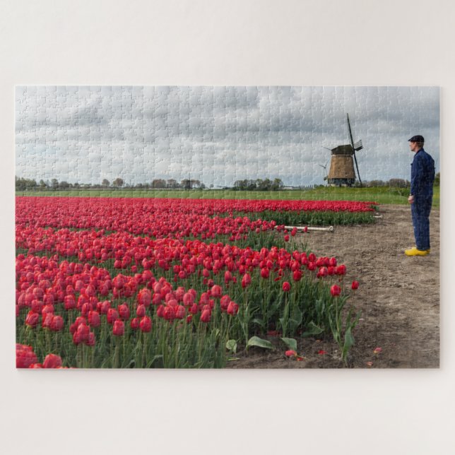 Puzzle Agriculteur inspectant ses tulipes et moulin à (Horizontal)