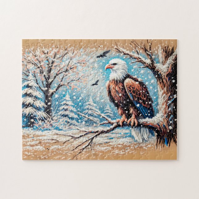 Puzzle Aigle assis sur l'arbre pendant la chute de neige  (Horizontal)