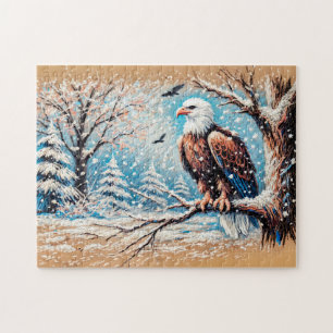 Puzzle Aigle assis sur un arbre pendant une chute de neig