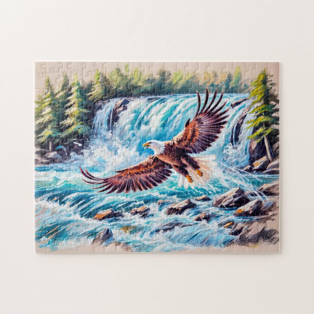 Puzzle Aigle volant devant une cascade à la craie pastel (Horizontal)