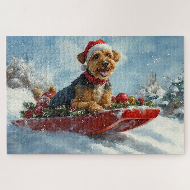Puzzle Airedale Chien dans la boue Laisser neiger Noël (Horizontal)