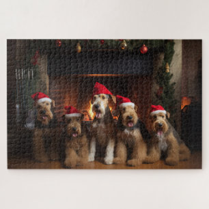 Puzzle Airedale près de la cheminée Noël