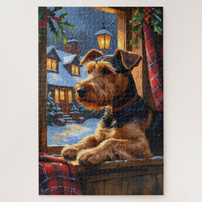 Puzzle Airedale Terrier avec lumières de Noël vacances  (Vertical)