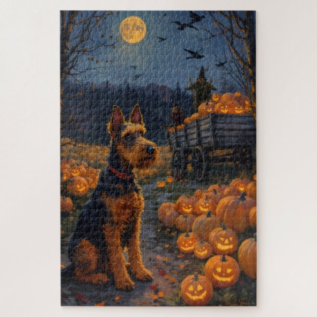 Puzzle Airedale Terrier Patch de citrouilles rustique Hal (Vertical)