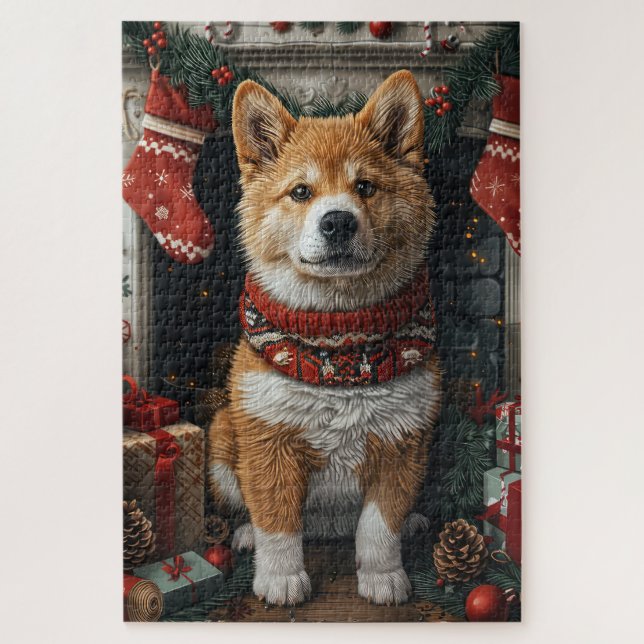 Puzzle Akita Américain avec des cadeaux de Noël Cheminée (Vertical)