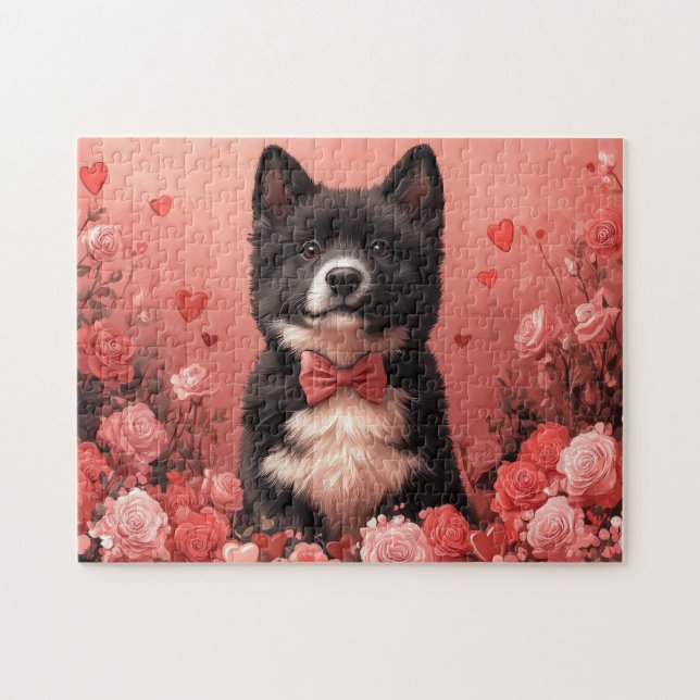 Puzzle Akita américain avec des roses - Saint-Valentin (Horizontal)
