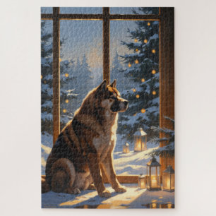 Puzzle Akita Américain avec lumières de Noël pour les Fêt
