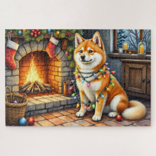 Puzzle Akita assis près de la cheminée avec des lumières 