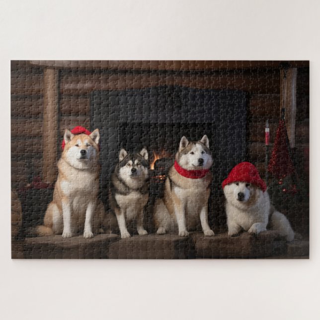 Puzzle Akita au coin du feu de Noël (Horizontal)