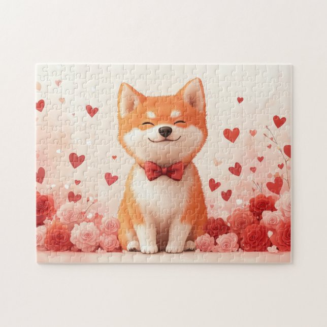 Puzzle Akita avec des Roses - Saint-Valentin  (Horizontal)