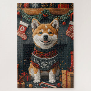 Puzzle Akita Chien avec des cadeaux de Noël cheminée