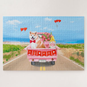 Puzzle Akita Chien Saint Valentin Coeurs de Camion
