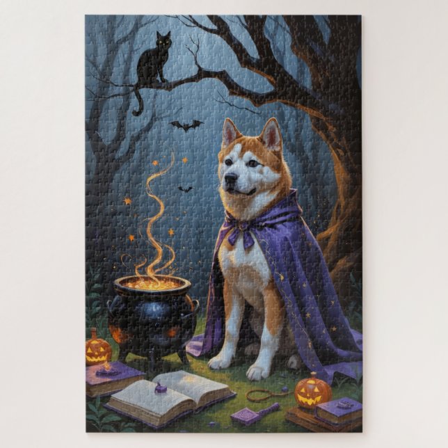 Puzzle Akita Chien Whimsical Halloween peinture (Vertical)