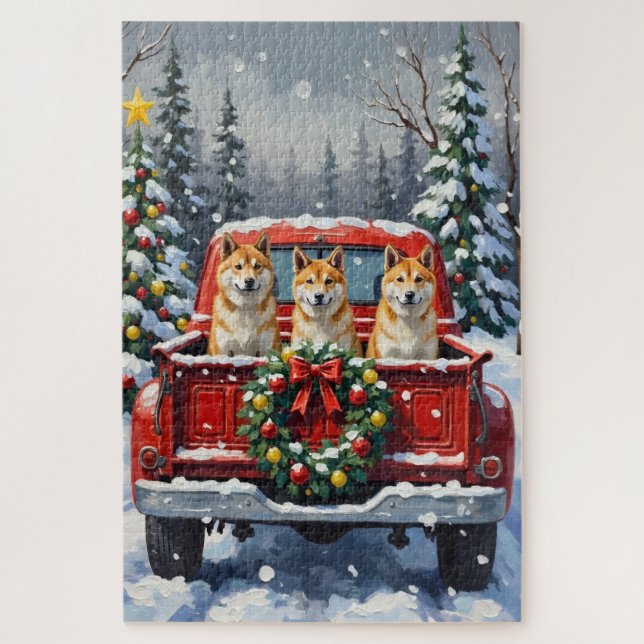 Puzzle Akita Christmas Red Truck Holiday (Vertical)