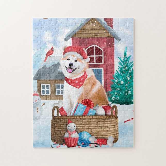 Puzzle Akita Dog In snow Christmas Dog House (Vertical)