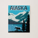 Puzzle Alaska Moose Mountain<br><div class="desc">De superbes oeuvres d'art de style poster présentent des montagnes de l'Alaska avec des glaciers, de l'eau, des arbres et un orignal. Animation amusante pour toute la famille.</div>