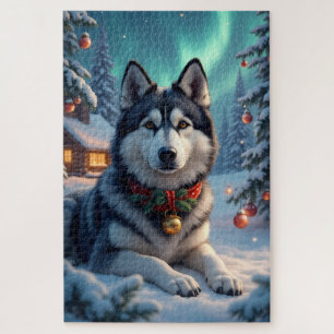 Puzzle Alaskan Malamute Aurores Boréales Noël