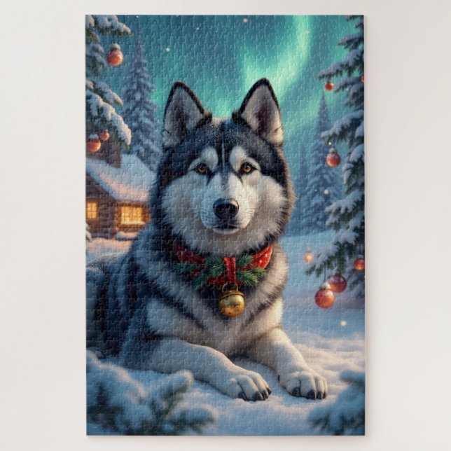 Puzzle Alaskan Malamute Aurores Boréales Noël  (Vertical)
