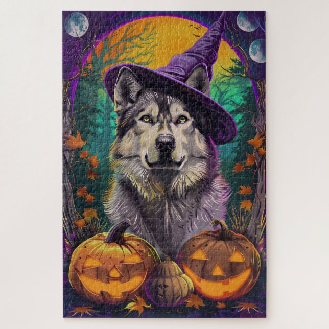 Puzzle Alaskan Malamute Halloween sorcière et Citrouille (Vertical)