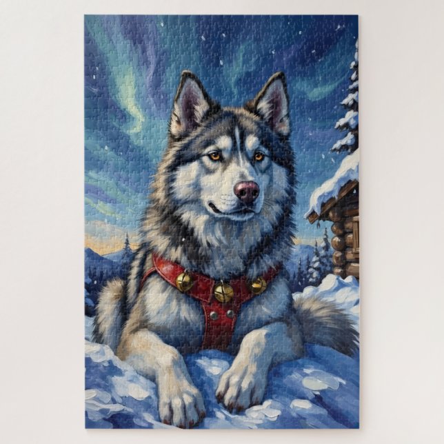 Puzzle Alaskan Malamute North Pole Winter Christmas (Vertical)