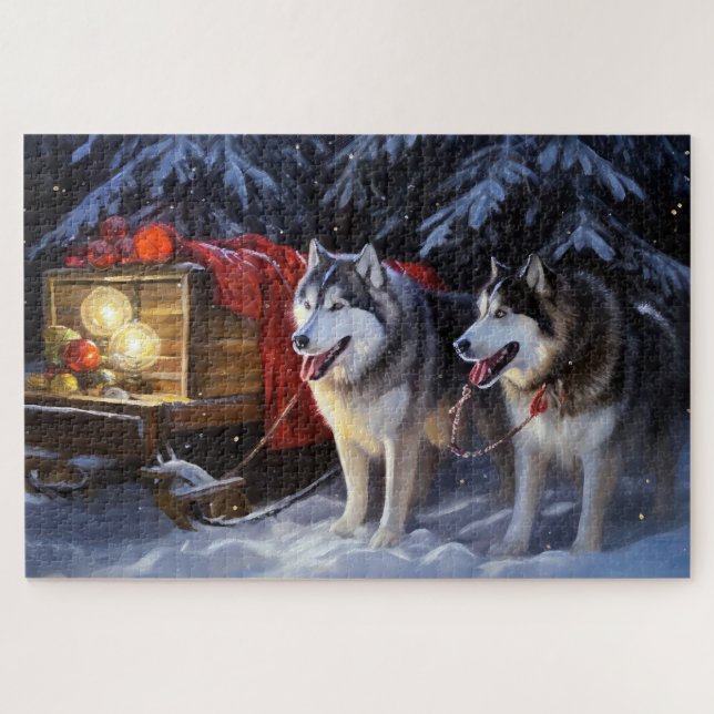 Puzzle Alaskien Malamute Snowy Sleigh Ride Noël (Horizontal)