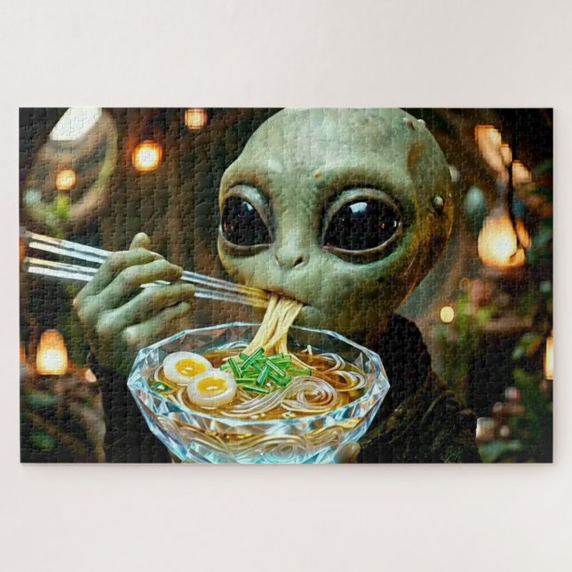 Puzzle Alien drôle mangeant des nouilles Ramen Monogrammé (Horizontal)