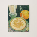 Puzzle Aliments santé vintages, Boissons, Petit-déjeuner<br><div class="desc">Illustration vintage image d'aliments et de boissons santé avec un petit-déjeuner sain de farine d'avoine chaude,  verre de lait et un fruit orange.</div>