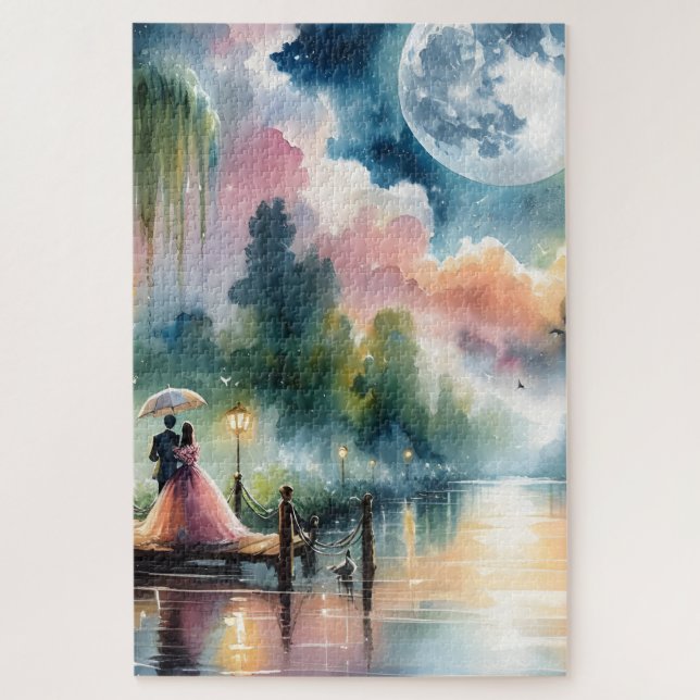 Puzzle Ambiance romantique Moonlight Watercolor Scène noc (Vertical)
