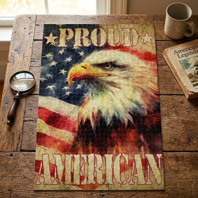 Puzzle Américain fier. Aigle chauve et drapeau des États- (Proud American. Bald Eagle and United States Flag. Jigsaw Puzzle)