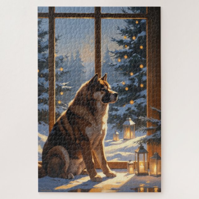 Puzzle American Akita With Christmas Lights Holiday (Vertical)