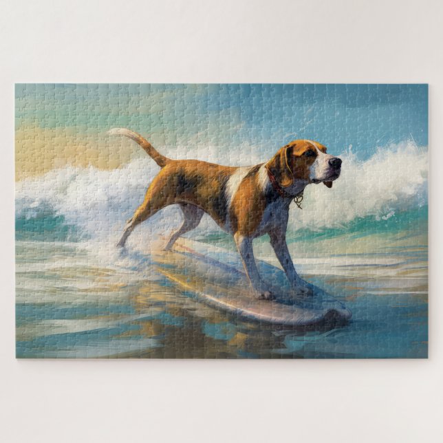 Puzzle American Engligh Foxhound Beach Surfing Paining (Horizontal)