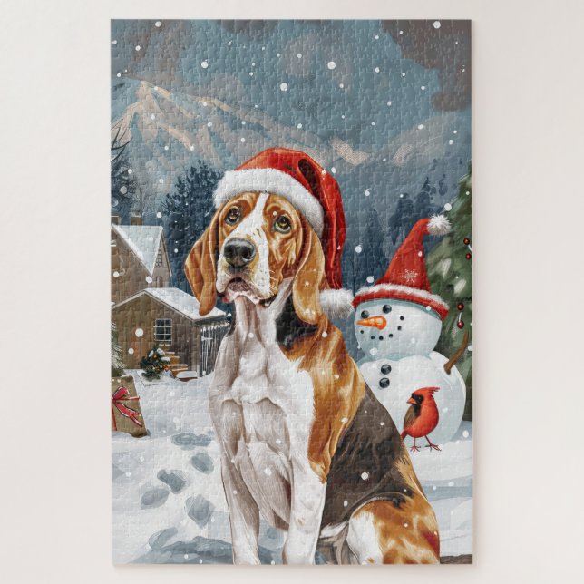 Puzzle American English Foxhound Chien hiver Noël Joie (Vertical)