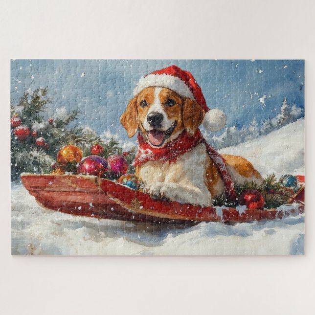 Puzzle American English Foxhound dans Sledge Christmas (Horizontal)