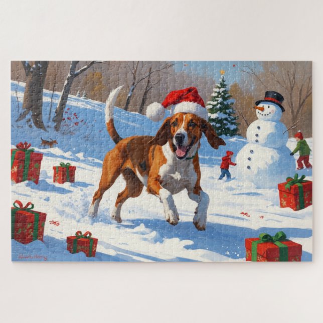 Puzzle American English Foxhound Noël Festive Neige (Horizontal)