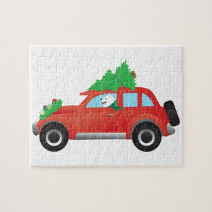 Puzzle American Eskimo Chien voiture avec arbre de Noël