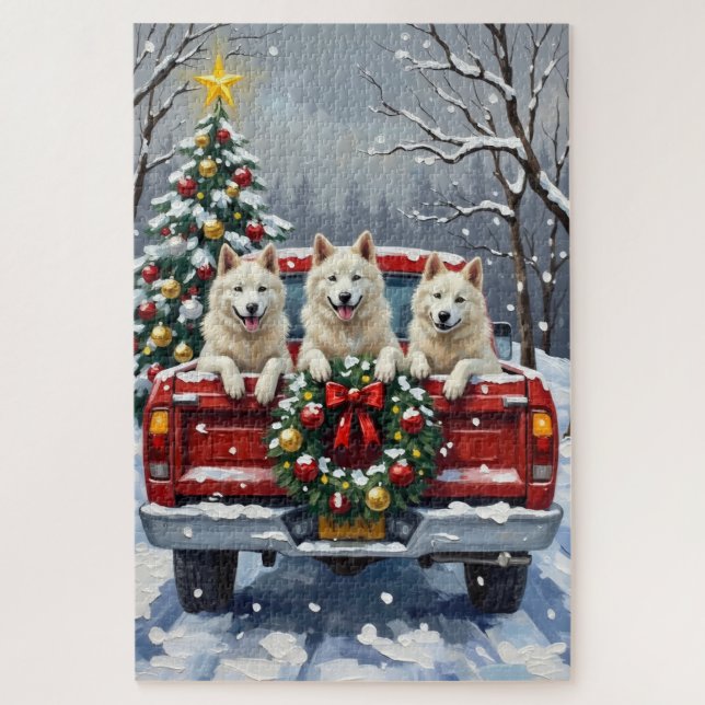 Puzzle American Eskimo Dog Christmas Red Truck Holiday (Vertical)