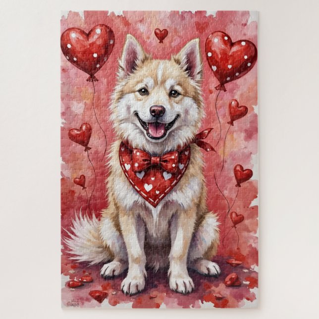 Puzzle American Eskimo Valentine Dog Art with Hearts (Vertical)