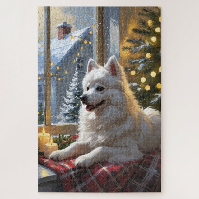 Puzzle American Eskimo With Christmas Lights Holiday (Vertical)