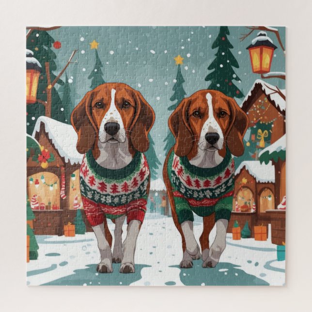 Puzzle American Foxhound Dogs Christmas Snow Holiday (Vertical)