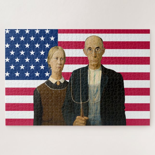 Puzzle American Gothic Farmers USA American Flag (Horizontal)