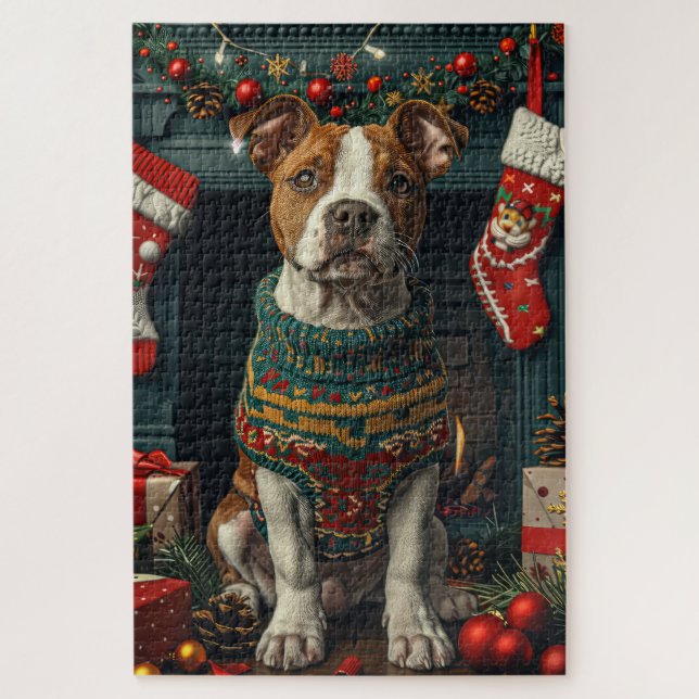 Puzzle American Staffordshire Chien Avec Cadeaux De Noël (Vertical)